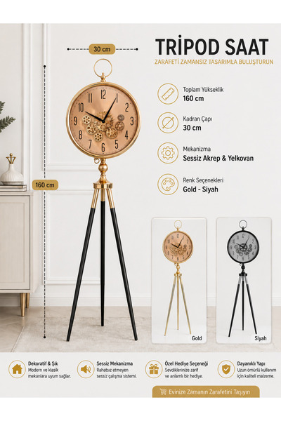 kasımoğulları concept 160 cm Tripod Ayaklı Dekoratif Yer Saati – 30 cm Kadran...