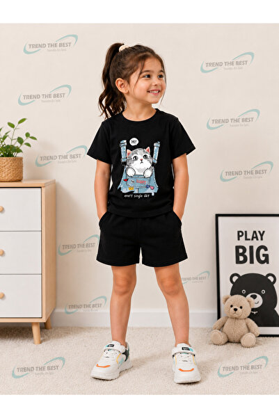 TREND THE BEST Trendin En İyisi Summer Pocket Cat Print Girls' Black Shorts, ...