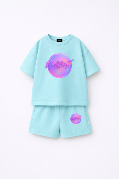 fasardi Manifest Girls Logo Baskılı Oversize %100 Pamuk Tişört Şort 2li Çocuk...