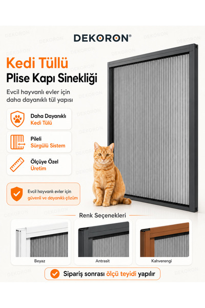 DEKORON Kedi Tüllü Plise Kapı Sinekliği Ölçüye Özel Pileli Sürgülü Sineklik