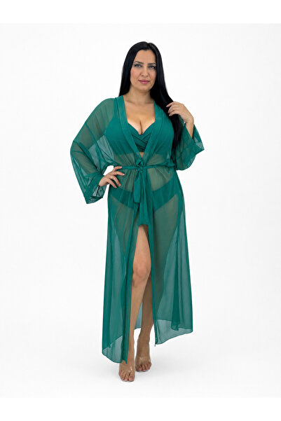 Pierre Cardin Plus Size Long Sleeve Tulle Women's Kaftan Pareo with Waist Tie