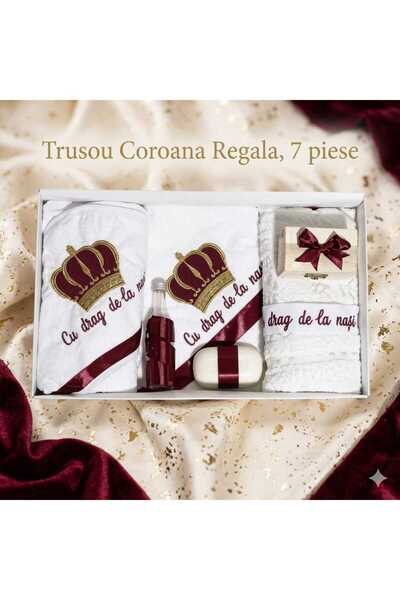 HUGBEBE Trusou de botez, set de 7 piese, cu broderie Coroana Princiara, burgundy