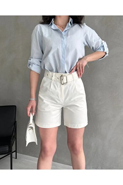 Caddebostan Moda Bird Eye Belted High Waist Wide Leg Mom Shorts