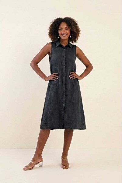 PORİENTO Black Women's 100% Cotton Muslin Fabric Pocketed Buttoned Sleeveless...