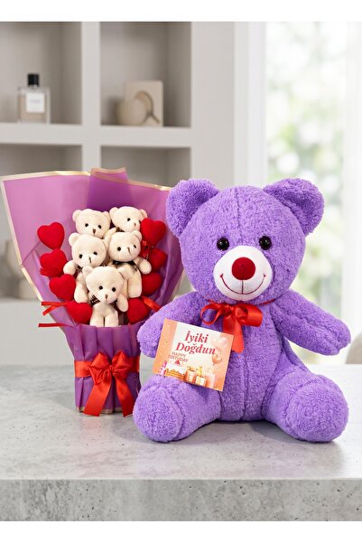 Linalux Gifts Doğum Günü Kartlı 35cm Mor Peluş Ayı ve Kalpli Ayıcık Buketi Kı...