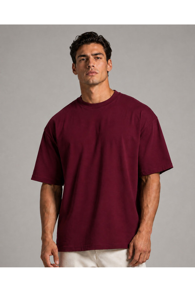 metsawear Men's Premium Oversize Burgundy Color Basic T-Shirt – European Fit,...