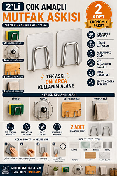 ÇARŞI HANEM Paslanmaz Krom Yapışkanlı Bulaşık Süngeri Tutucu Ve Evye Düzenleyici
