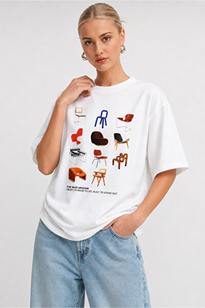 Eazy Co EAZY Unisex Oversize T-Shirt 100% pamuk Bela majica sa štampanim arhi...