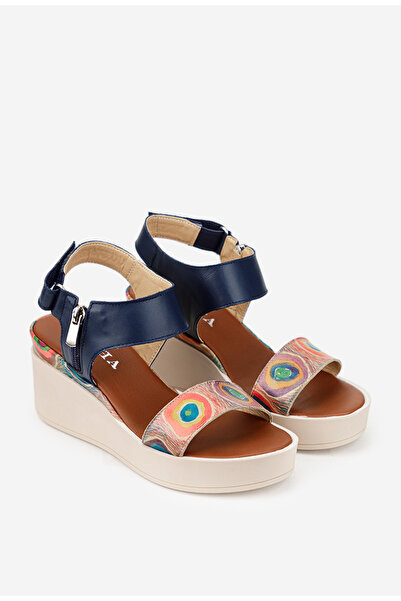 Dasha Sandale dama navy din piele cu imprimeu geometric colorat
