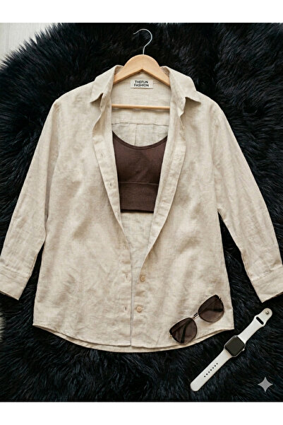 thefun fashion Women's Oversize Cut Woven Linen Long Sleeve Beige Shirt 100% ...