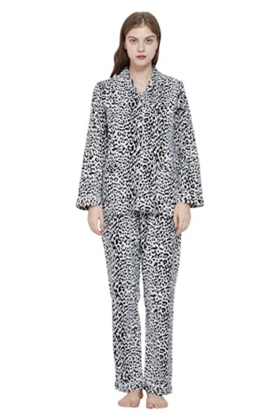 Global Set de pijamale pentru femei, Finet, Bumbac, Imprimeu leopard Alb/Negr...