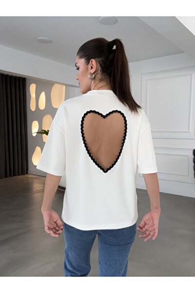 Elif Özbey Butik Ekru Siyah Sırtı Kalp Dekolteli Tshirt