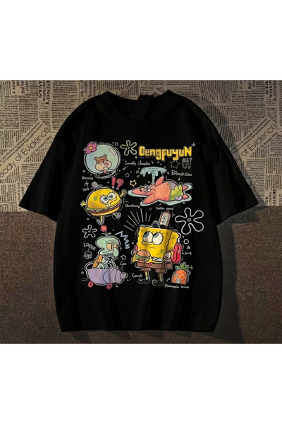 Vordevia Sponge Bob Printed White Oversize Unisex T-Shirt Basic Comfortable F...