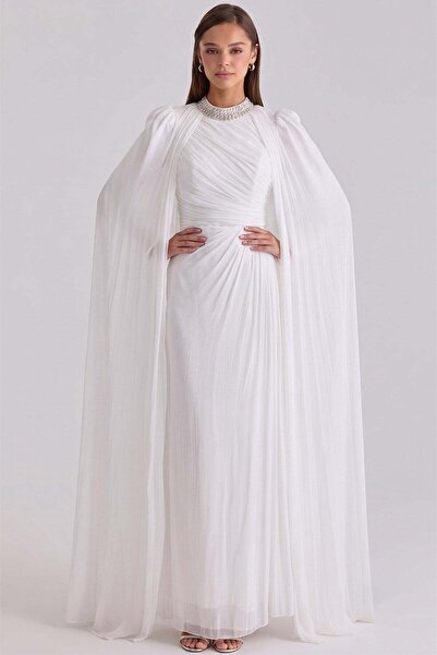 Olcay Yoryo Seiden-Tesettür-Abendkleid mit Steinkragen und Cape-Detail WEISS ...
