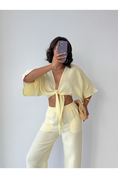 CrepTekstil Crep Women's Muslin Tie-Back Blouse – Batwing Sleeve V-Neck 100% ...