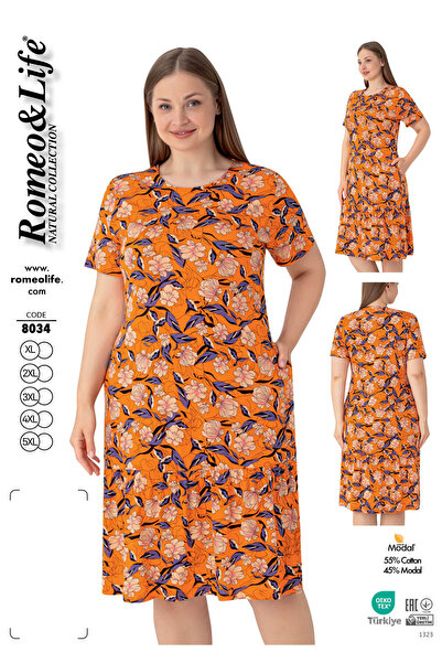 ROMEO LİFE Women's Large Size Cotton Modal Fabric Patterned Summer Dress 8034