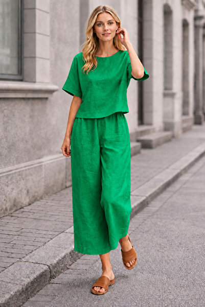 Toridas Set din două piese verde pentru femei, bluză largă și pantaloni cu pi...