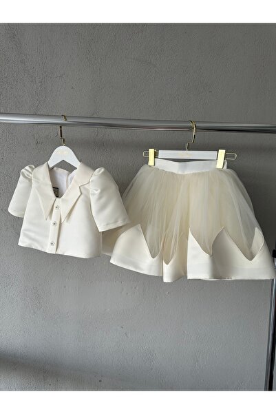 She Dress By Kubra Aksoy SheDress Kız Çocuk Ekru Tül Detaylı Etek Ceket Takım...