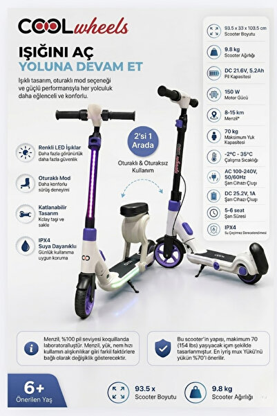 Cool Wheels Pro Led Işıklı Elektrikli Katlanabilir 150W Çocuk Scooter – 15KM ...