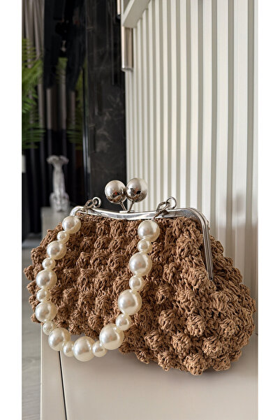 WOMANBAG Handmade Pearl Metal Vintage Clip Pearl Strap Straw Bag Clutch Portf...