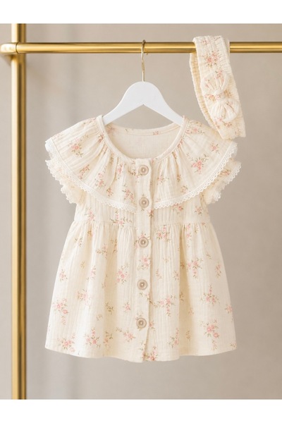 Miray baby kids Kız Bebek Müslin Çiçek Desenli Elbise ve Saç Bandı Takımı