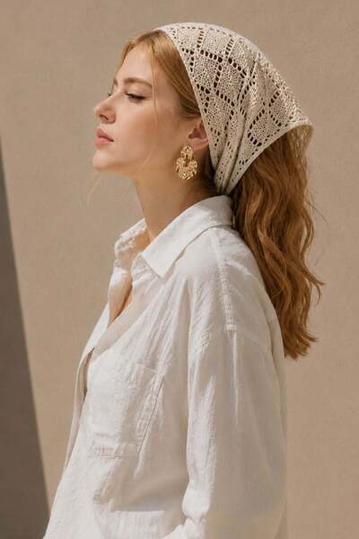 Irmak Kerekli Women's Cotton Soft Textured Perforated Knitwear Bandana 7011 Beige