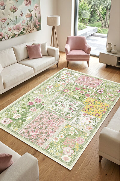 Decomia Home Dijital Kaymaz Yıkanabilir Renkli Çiçek Desenli Salon Halısı Mutfak Halısı Koridor Halısı Yolluk