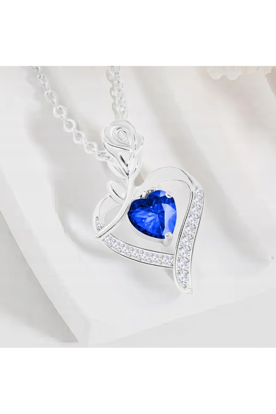Larezo 925 Silver Necklace, Blue Sapphire Heart Crystal Pendant With Rose, Id...