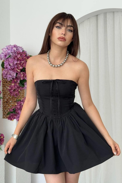 Clothes Fast Kadın Poplin Kumaş Straplez Korse Detaylı Dantelli Mini Kabarık ...