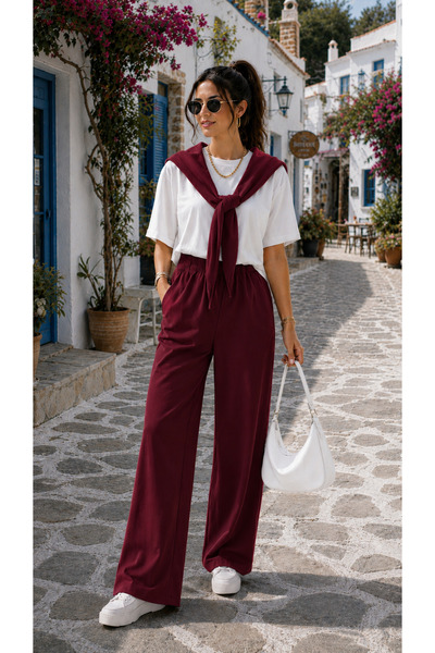 Gameyal Women's Modal Fabric Two-Piece Set – T-Shirt with Sewn Tie Detail & D...