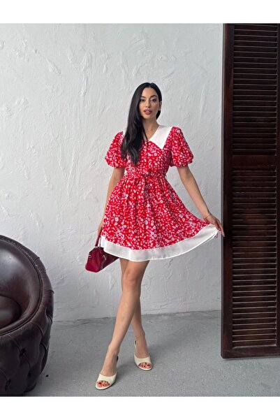 REELMODA Women's Garnished Balloon Sleeve Patterned Cotton Summer Dress