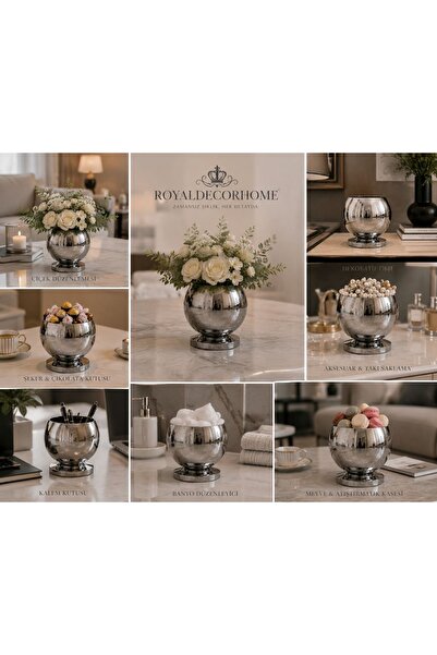 RoyalDecorHome Gümüş Mini Küre Dekoratif Vazo, Çok Amaçlı Obje