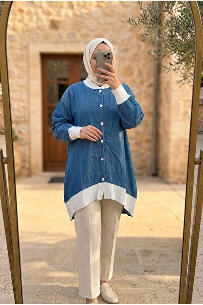 Kirazca Butik Women's Denim Shirt with Ribbed Trim, Loose Fit, Islamic Clothi...
