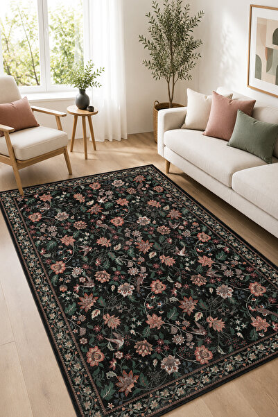 Toronto Home Dijital Kaymaz Yıkanabilir Vintage Renkli Çiçekli Salon Halısı M...