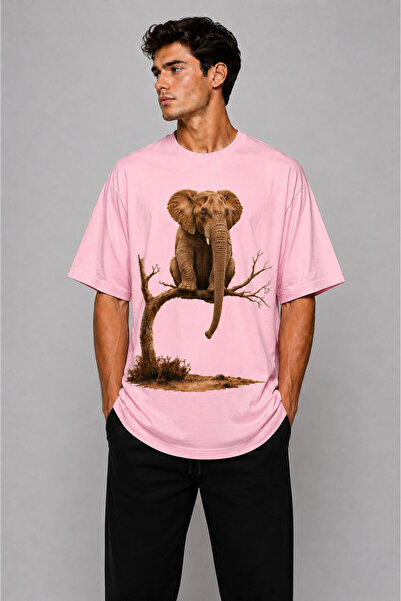 VODEXA Men's Oversize T-Shirt Sitting Elephant Printed 100% Cotton T-Shirt Co...