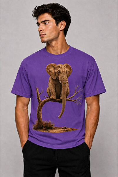 VODEXA Men's Oversize T-Shirt Sitting Elephant Printed 100% Cotton T-Shirt Co...