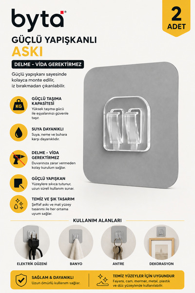 BYTA Güçlü Yapışkanlı Askı 2'li Şeffaf Duvar Askısı Delmesiz Vida Gerektirmey...