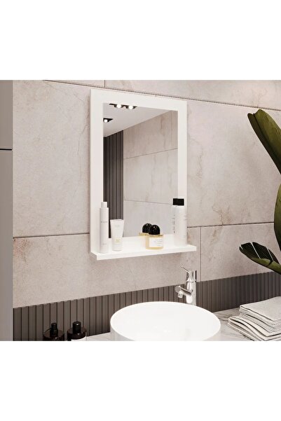DAKORA HOME Safir Banyo Aynası, Dresuar,60x45 Beyaz Raflı Banyo Aynası