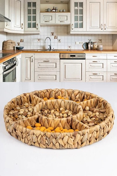 elif aksesuar Wicker Banana Wood 5-Compartment Round Snack Bowl, Nut Bowl, Pr...