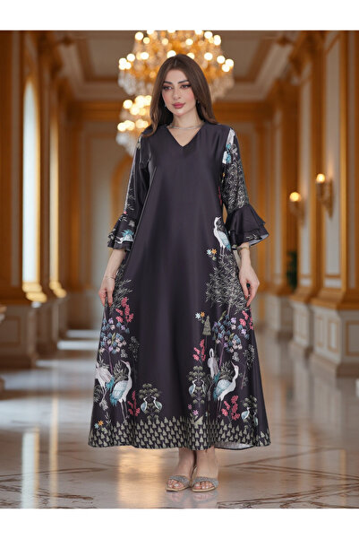 Finelook Elegant Black Botanical Printed Modest Dress with Flared Sleeves – E...