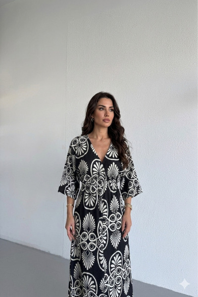 KAŞİHA Kruvaze Collar, Elastic Waist, Ethnic Patterned, Slit Women's Dress