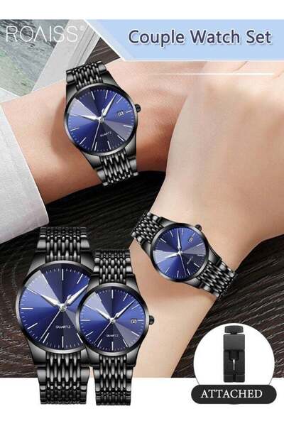 ROAISS Couple Quartz Watch Set Alloy Strap Analog Round Dial Luxurious Lumino...