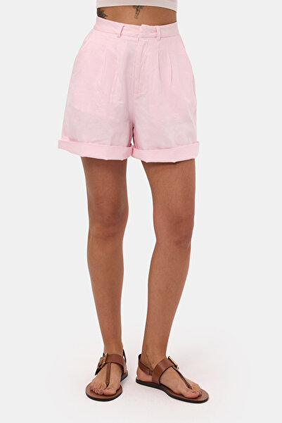 it's basic Kadın Pembe 6s6-98 Mom Relax Fit Organik Keten Kumaş Şort