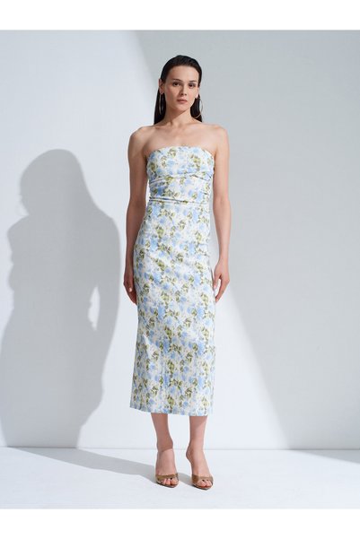 Dilvin 91685 Patterned Strapless Dress-Blue