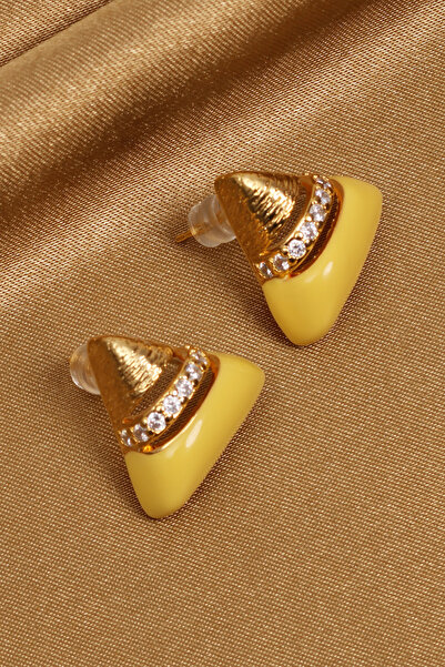 Süspüs Accessories Yellow Enamel Gold Color Triangle Earrings with Stones in ...