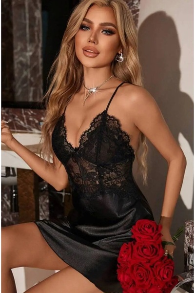 SİA LESS Kadın Siyah Saten Gecelik Dantel Detaylı Çapraz Askılı Mini Romantik...