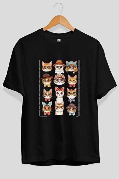 Ankhises Μπλουζάκι  "For the Love of Cats " με 50 σχέδια γάτας, μαύρο, oversi...
