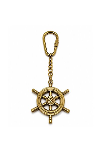 Store Pirinç Dümenli Anahtarlık Denizci Temalı Metal Anahtar Halkası 11x4 Cm