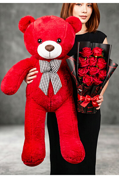 Linalux Gifts 90cm Kırmızı Büyük Peluş Ayıcık Siyah Ambalajlı Kırmızı Gül Buk...