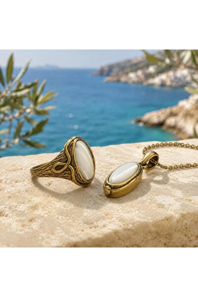 Shinestar atelier Doğal Taşlı Gold Renk Kadın Kolye ve Yüzük Seti Vintage Tas...